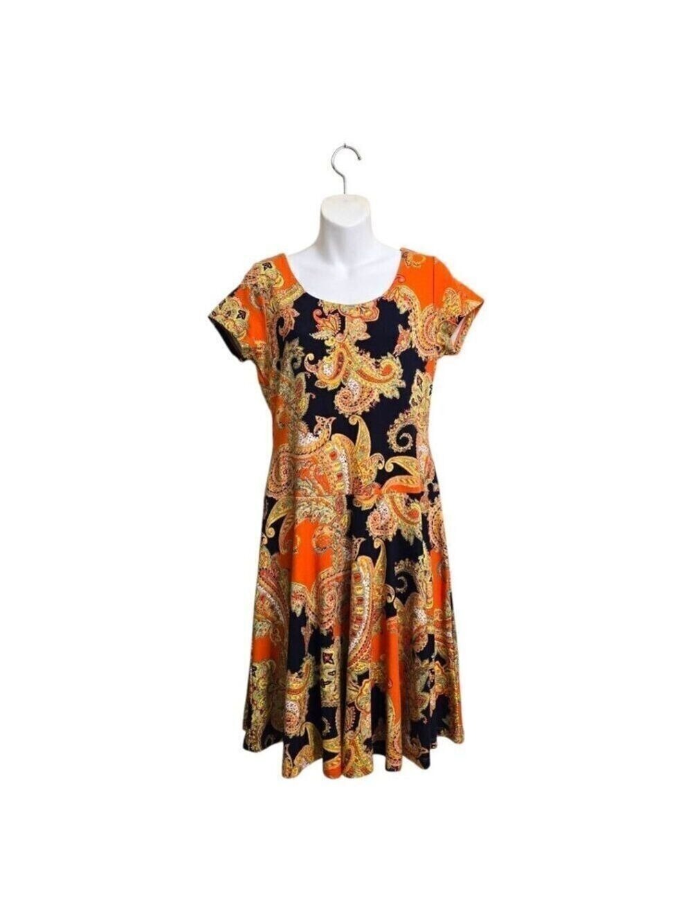 Lauren Ralph Lauren Orange & Navy Paisley A-Line Fit & Flare Dress Sz PM